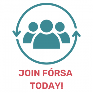 Image of a circle around three people, text saying join forsa today!